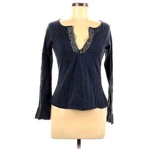 Passport long sleeve cotton V-neck bead embellished navy T-shirt